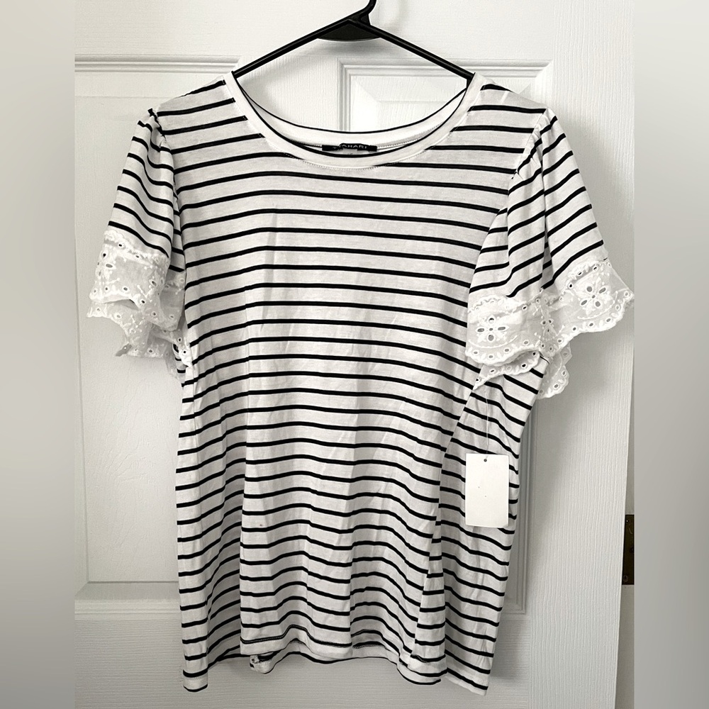 TTAHARI Blue Stripe Flare Sleeves with Lace Trim NWT Size L